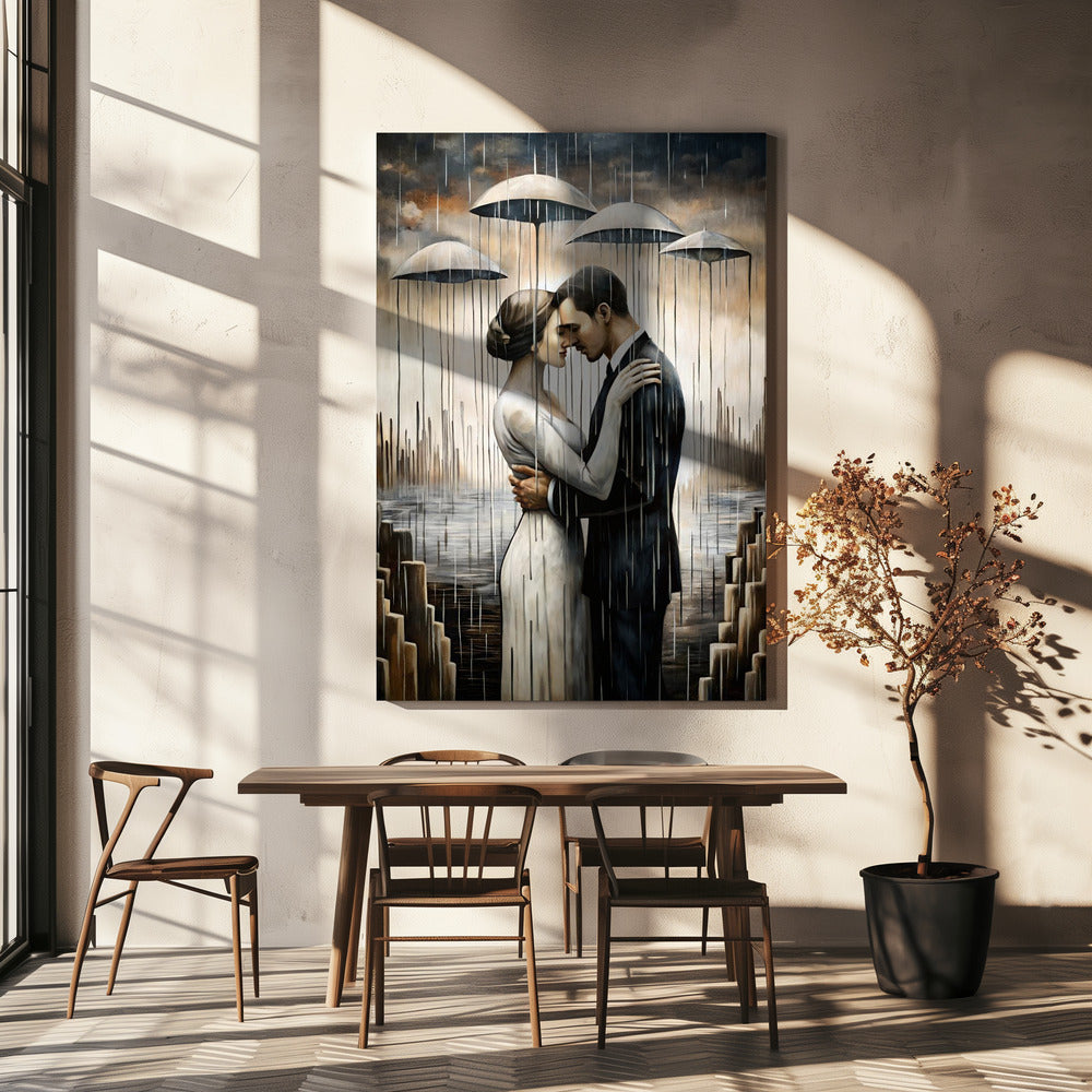  A Kiss Beneath the Floating Umbrellas Wall Artwork In White Floating Frame