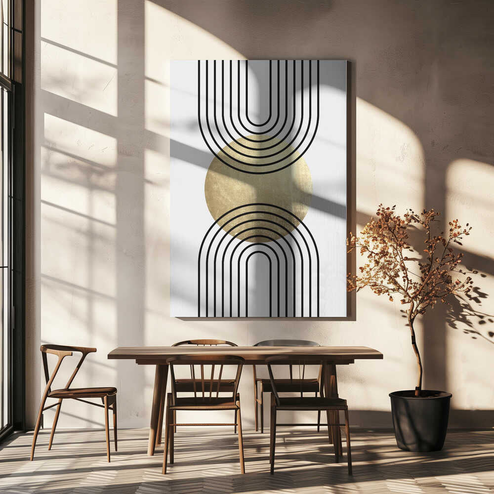 Wall art Golden Textured Circle and Bold Black Lines