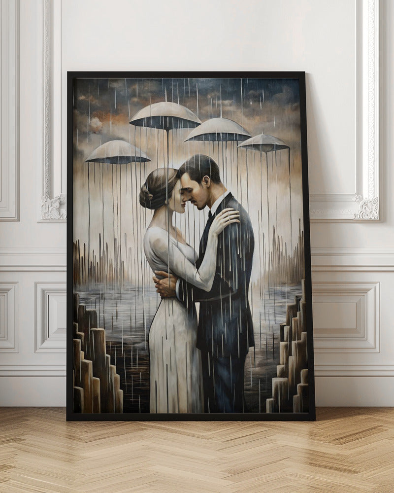  A Kiss Beneath the Floating Umbrellas Wall Artwork In Black Floating Frame