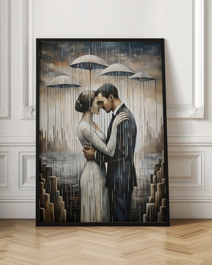  A Kiss Beneath the Floating Umbrellas Wall Artwork In Black Floating Frame