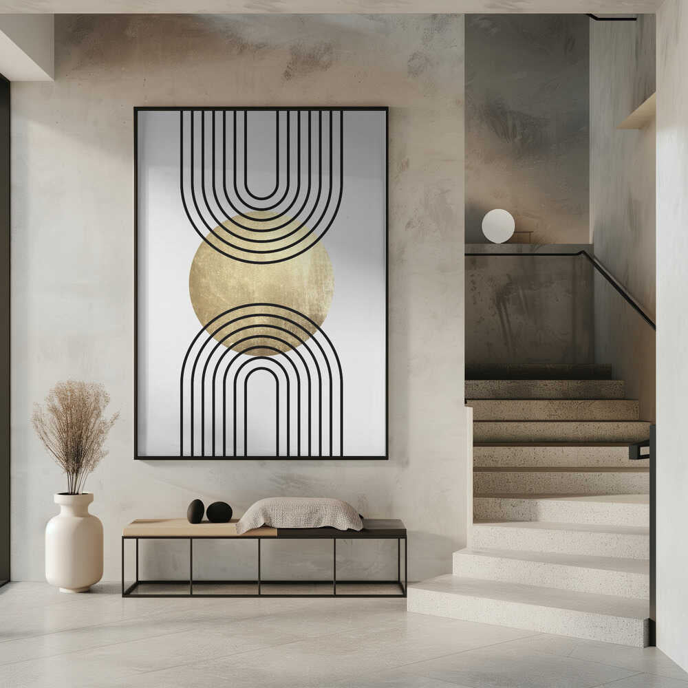 Wall art Golden Textured Circle and Bold Black Lines