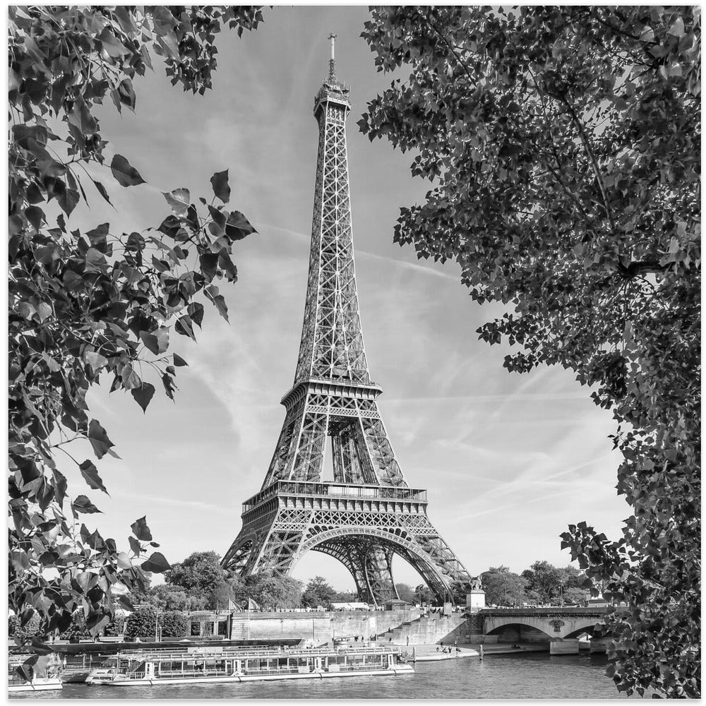  PARIS Eiffel Tower &amp; River Seine - Monochrome Wall Artwork In White Floating Frame