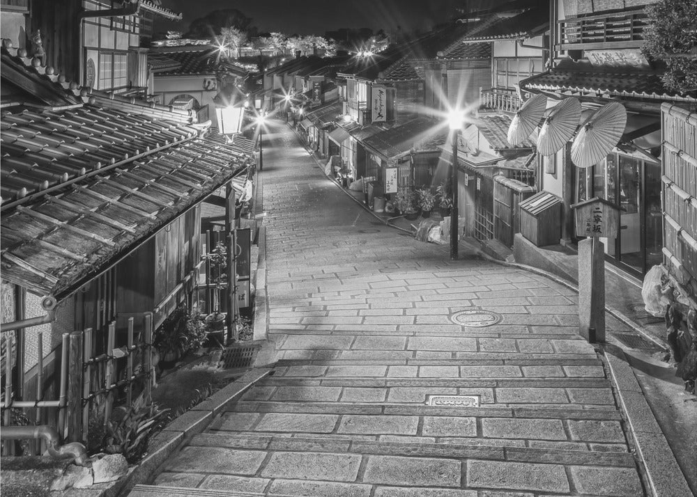  Ninen-zaka in historic Kyoto in the evening - monochrome Wall Artwork In Black Floating Frame