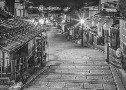  Ninen-zaka in historic Kyoto in the evening - monochrome Wall Artwork In Black Floating Frame