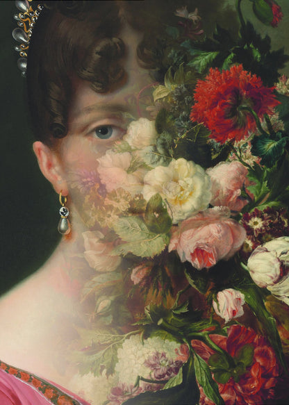  Portrait of Hortense de Beauharnais, queen of Holland with flower still life Wall Artwork In Black Floating Frame