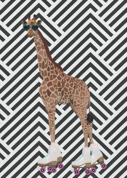 Wall art Giraffe Rollerskates retro