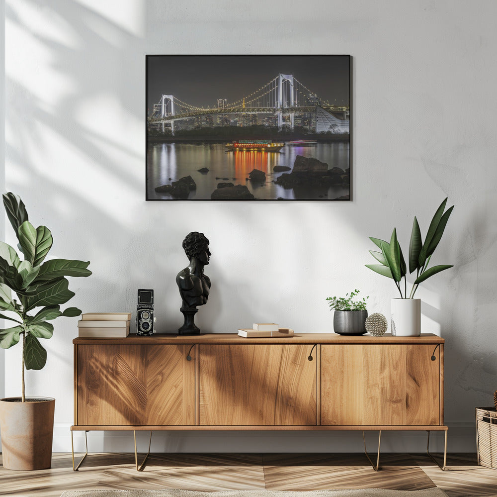  Charming Rainbow Bridge with Tokyo Skyline in the evening - Panorama Wall Artwork In White Floating Frame