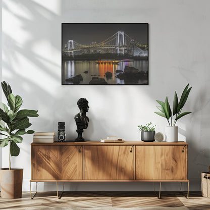  Charming Rainbow Bridge with Tokyo Skyline in the evening - Panorama Wall Artwork In White Floating Frame