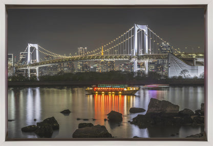  Charming Rainbow Bridge with Tokyo Skyline in the evening - Panorama Wall Artwork In Black Floating Frame