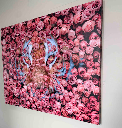 Tiger in the Rose-Wildlife Canvas Prints- Animal Art- Gold varnish